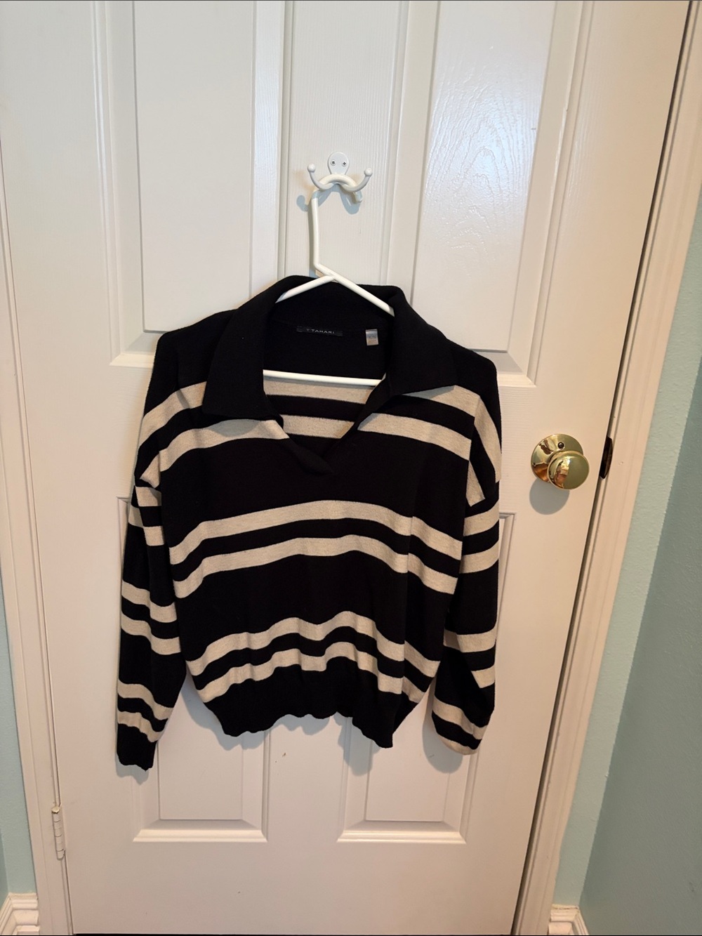 Tahari Black and Cream Striped V‑Neck Sweater